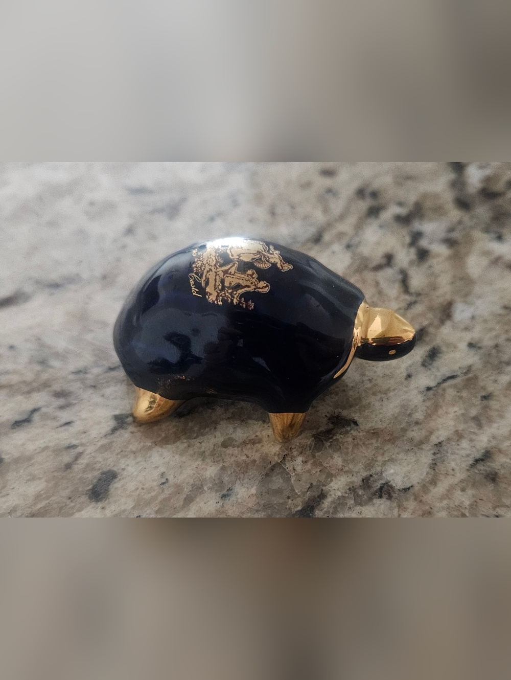 Gold and Navy Porcelain Turtle Limoges Castel Figurine - Decorative Home Accent